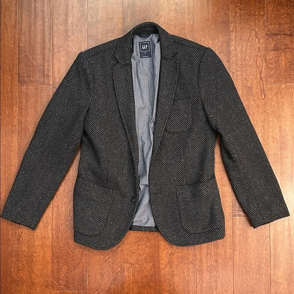 GAP Men’s Navy Herringbone Academia Blazer, Wool Blend, Size XS